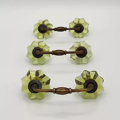 Lot Of 3 Vtg Green Melon Glass Brass 3  Drawer Pull Handles - Chipped Tarnished • $34.99