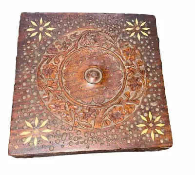 Wooden Hand Crafted Carved Brown Decorative Storage  Box 7  X 7  X 3” • $20