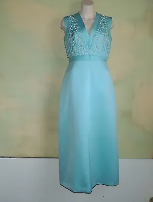 M 50s Vintage Sky Blue Gown Pearl Beads Rhinestones Formal Dress Haus De Braut • $70