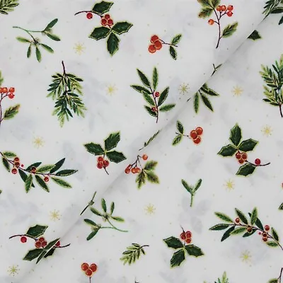 CLEARANCE: Xmas Foliage- Leaves White- 100% Cotton Fabric Craft Quilting • £3.95