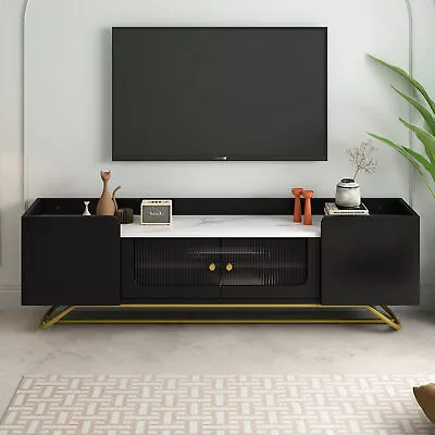 TV Stand Fluted Glass Modern Entertainment Faux Marble Console Table Black • $192.99