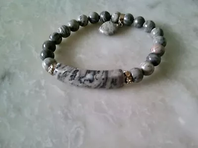 Black Lace Agate Grey Semi Precious Stone Bracelet With Heart Charm • £15