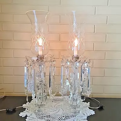 Vintage Pair Hollywood Regency Table Lamps With Large Crystal Prisms & Spears • $225