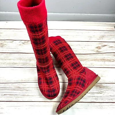 Ugg Cardy Cable Knit Red And Blue Plaid Tall Sweater Boots - Size 9 • $60