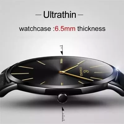 Men Trendy Ultra Thin Minimalist Watch Slim Leather Strap Stainless Steel Quartz • £8.99