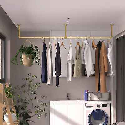 Heavy Duty Pipe Clothes Rack Garment Shelf Wall Mounted Ceiling Hanging Bar Rods • $34.92