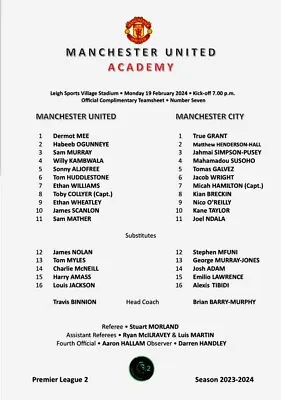 Man Utd FC U21 V Man City FC EDS U21 Team Sheet • £3.99