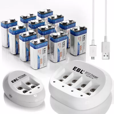 EBL 9V Li-Ion Rechargeable Batteries 9 Volts 6F22 600mAh Lithium Battery Lot • $10.69