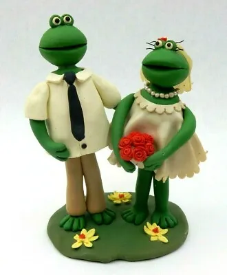 Vintage Handmade Polymer Green Clay Art Frog Bride & Groom Cake Topper • $23.95