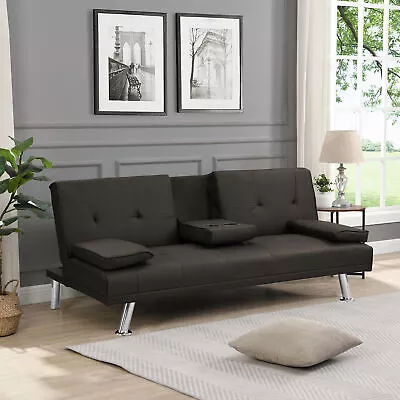 Sofa Bed With Armrest Two Holders WOOD FRAME STAINLESS LEG FUTON BROWN PVC • $244.90