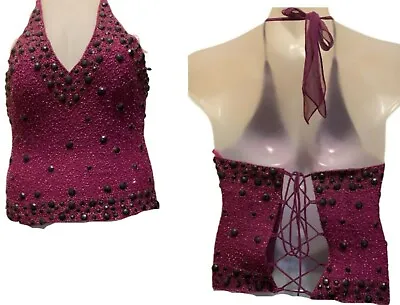 £7.82 • Buy Women's Blouse Halter Neck Tie Up Crop Top Criss Cross Sequin Detail Padded S-XL