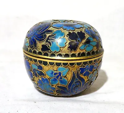 Vintage Cloisonné Mini Enameled Brass Trinket Box Gold Blue Floral 1 3/4  • $11.99