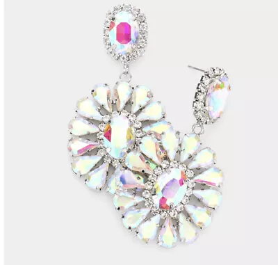 2.5” Long Silver Clear Aurora Borealis AB Austrian Crystal Pageant Earrings • $16