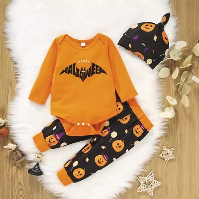 Halloween Baby Boys Girls Cosplay Pumpkin Set Romper Tops Hat Outfit Costume • $27.49