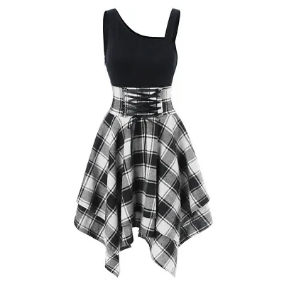 Ladies Check Asymmetric Sleeveless Lace Up High Waist Dress Tunic Skirt Spliced • £34.90
