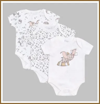 0-6 Months Disney Baby Dumbo Character Bodysuit 3 Pack Boys Girls Vest Set NEW • £11.99