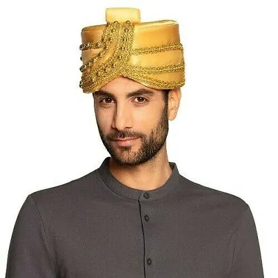 Gold Sultan Turban Indian Mens Bollywood Hat Sheikh Headwear Novelty Fancy Dress • £19.99