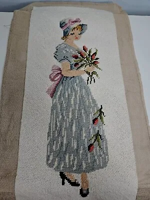 Vintage Completed Bucilla Needlepoint Sad Southern Lady Blue Dress Flowers Wall  • $28