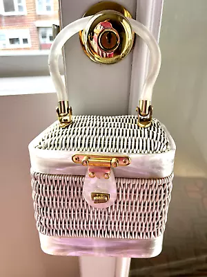 Evening Bag 1950s Mid Century Wicker Purse Pearl Lucite Handle Frame Hong Kong • $54.99