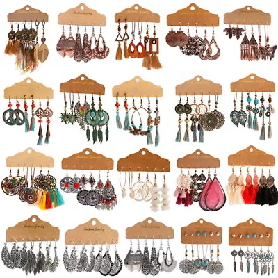 $4.88 • Buy 3Pcs Boho Ethnic Dangle/Round Earrings For Women Vintage Fashion Earrings Sets