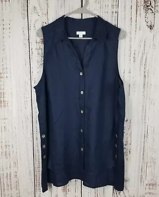 J. Jill Love Linen Navy Blue Side Button Detail Sleeveless Button Up Tunic XL • $25