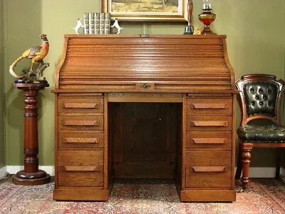 ANTIQUE CUTLER OAK ROLLTOP DESK WITH 2 SLIDES 12 DRAWERS KEY ~ IN VGC.  C1920s • $1500