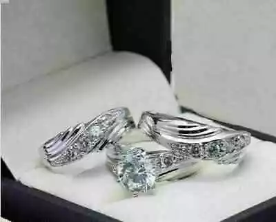 14K White Gold Lab-Created Diamond Wedding Trio His Her Bridal Band Ring Set • $145.99