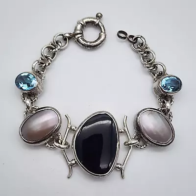 Chunky Tribal Modernist Sterling Silver Onyx Mabe Pearl Blue Topaz Bracelet 7.2  • $150