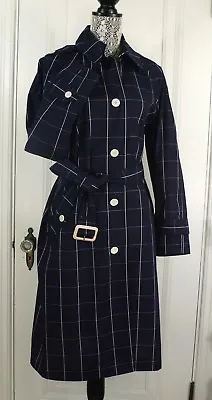 NWT J. CREW Collection Retail $258 COTTON TRENCH COAT IN WINDOWPANE NAVY BLUE 8 • $118