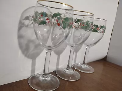 HOLIDAY HOME Christmas 7  Wine Goblets HOLLY Gold Trim Macy's Meier & Frank 3pc • $20