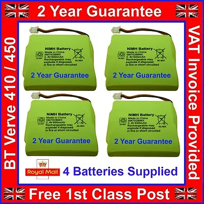 £13.95 • Buy 4 X BT Verve 450/410 Quad Cordless Phone Batteries GP 5M702BMX NiMH 2.4v 600mAh