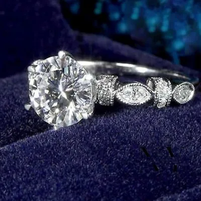 Moissanite Vintage Wedding Engagement Ring Solid 14k White Gold 3 CT Round Cut • $230.55