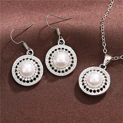 Fashion Women White Pearl 925 Silver Necklace Drop Earrings Wedding Jewelry Set • $3.01