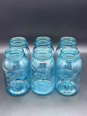 Set Of 6 Assorted Antique Aqua Blue Glass Perfect Mason 1 Quart BALL JARS • $19.99