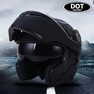 Matte Black DOT Motorcycle Modular Flip Up Dual Visor Sun Adult Full Face Helmet • $56.99