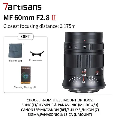 7artisans 60mm F2.8 II MF APS-C Macro Lens For E/Z/XF/EF-M/RF/M43/L Mounts • £137.95