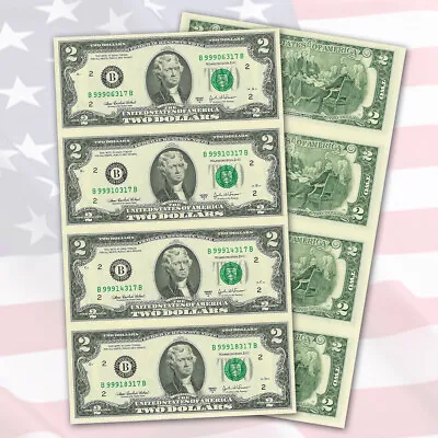 2003A $2 Two Dollar Uncut Sheet 4 Bills Uncirculated • $44.95