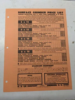 K O Lee Surface Grinder Product Price List Book Sales Brochure Catalog 1975 • $25