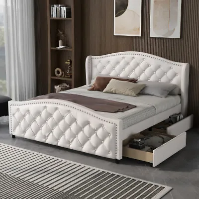 Upholstered Bed Double Size 4ft6 Bed Frame PU Leather With Storage Drawers QW • £279.99