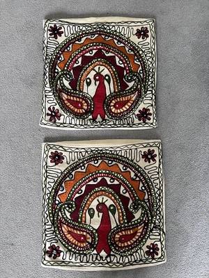 £9.50 • Buy 2 Square Cushion Covers Peacock Ethnic Embroidered Madhubani Bird Bright Colours