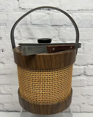 Vtg Ice Bucket Mid Century Tiki Barware Rattan Brown Faux Leather With Tongs • $20