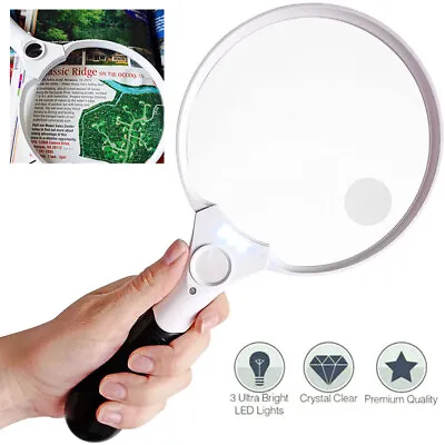 Extra Large Reading Magnifying Glass With 3 LED Light 2/4/25 Magnifying Lens UK • £10.99