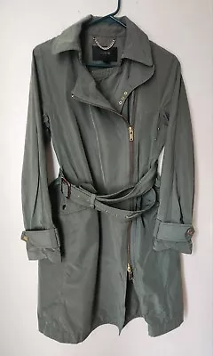 J. Crew Mid Trench Coat Green Full Gold Zipper Belted Flap Pockets Women's 4 EUC • $44.99