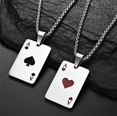 Men's Lucky Poker Royal Ace Of Heart Tag Pendant Stainless Steel Necklace Chain • $17.24