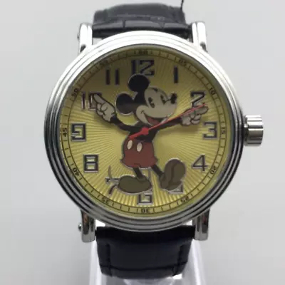 Disney Mickey Mouse Watch Men 48mm Silver Tone Black Leather Band New Battery • $26.99