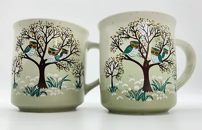 Vintage Retro Green Glazed Stoneware OWL Tree Mugs 2 X MUG SET Made In Korea • $37.50