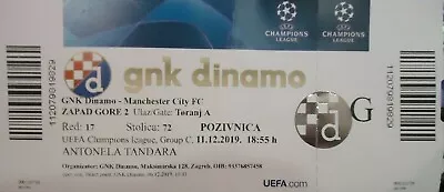 2019/20 UEFA Champions League TICKET Dinamo Zagreb - Manchester City • £2.60