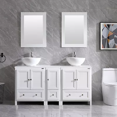 60  White Bathroom Vanity Cabinet Double Ceramic Sink Mirror Faucet Small Cabine • $929.99