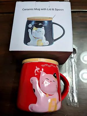 New Red Maneki Neko Lucky Cat Ceramic Mug Cup With Lid And Spoon Gift Set PC37-3 • $13.99