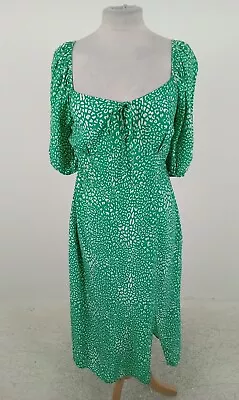 M&S Dress Green White Leopard Print Puff Sleeve Leg Slit Midi NEW F2 • £9.99